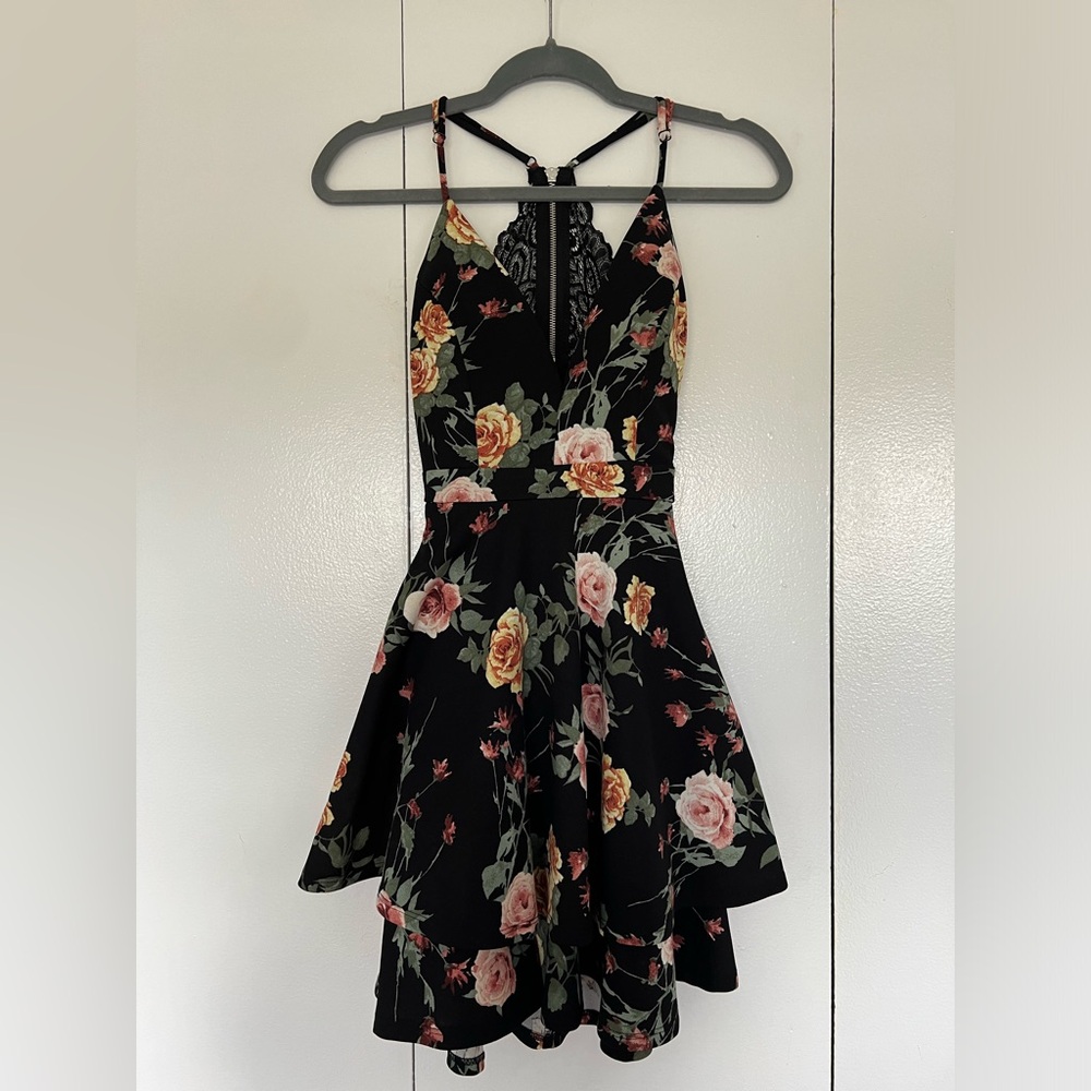 Emerald Sundae Black Dress With Pink And Yellow Flowers With A Lace Back